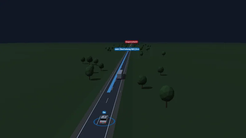 Überholen auf der Landstraße – Weg, Zeit und Sicht (3D)
